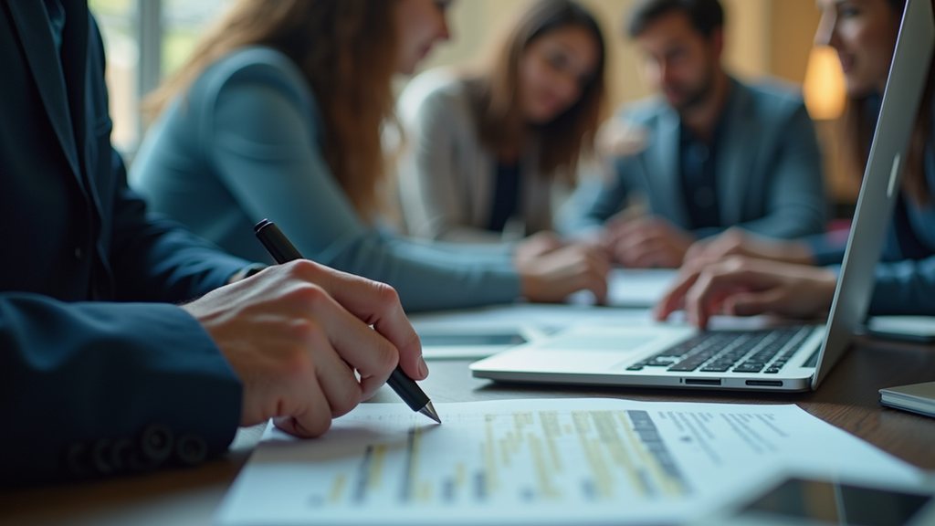 People reviewing documents around a laptop