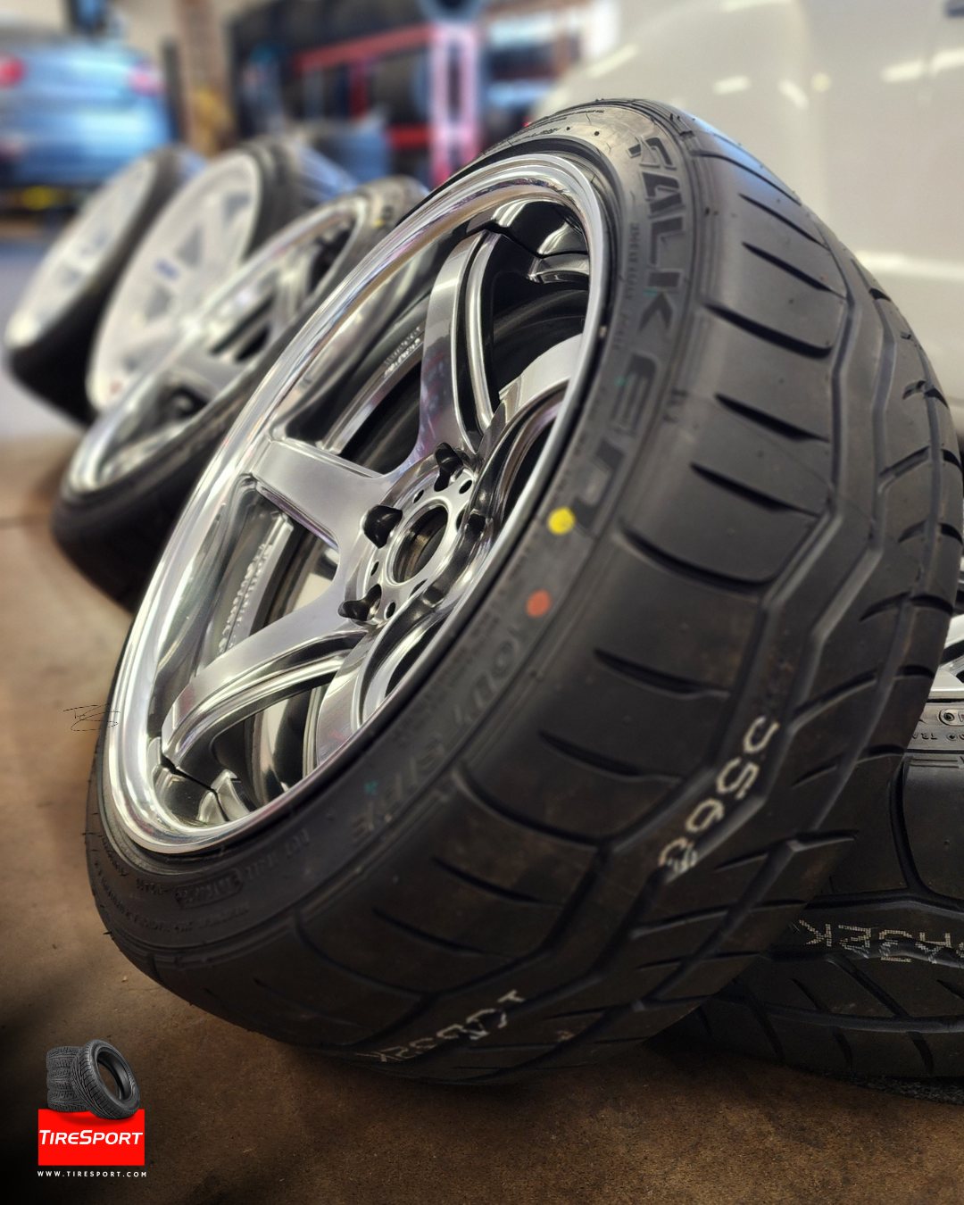 A close detail of a performance tyre and alloy